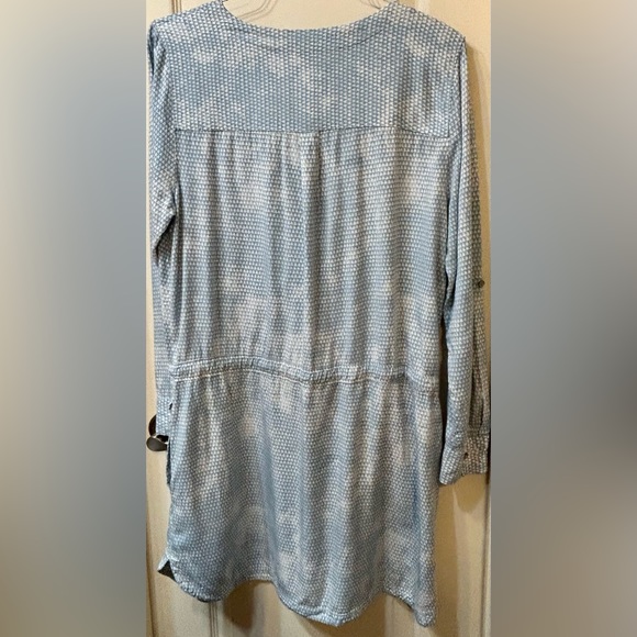 Blue & Grey Long Sleeve Draw-String Waist Mini Patterned Business Casual Dress - Picture 3 of 8